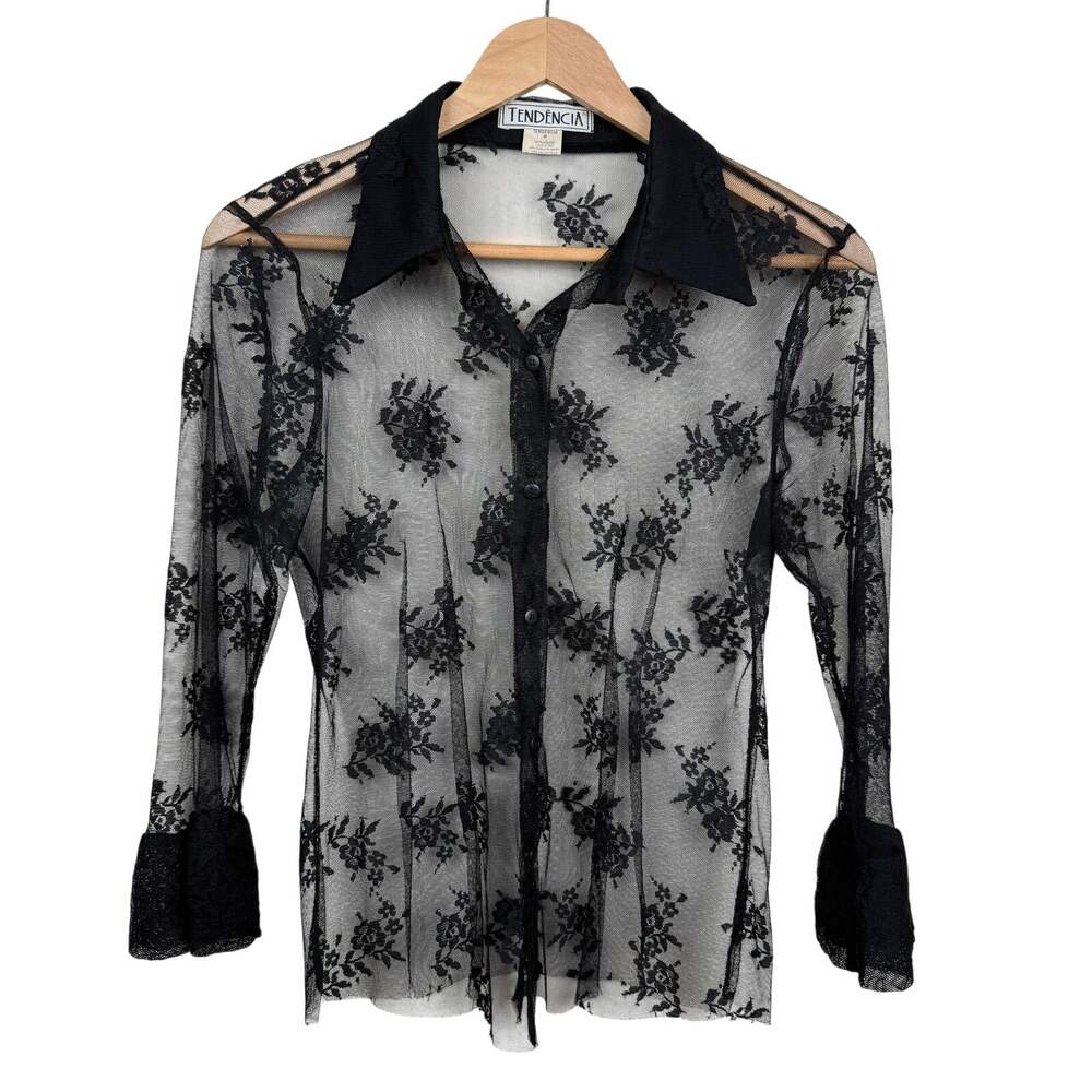 Sheer Lace Mesh Blouse Black Floral Romantic Goth Whimsygoth Tendencia Womens M
